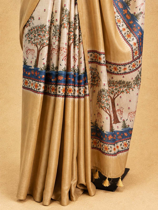 Yellow Tussar Printed Saree