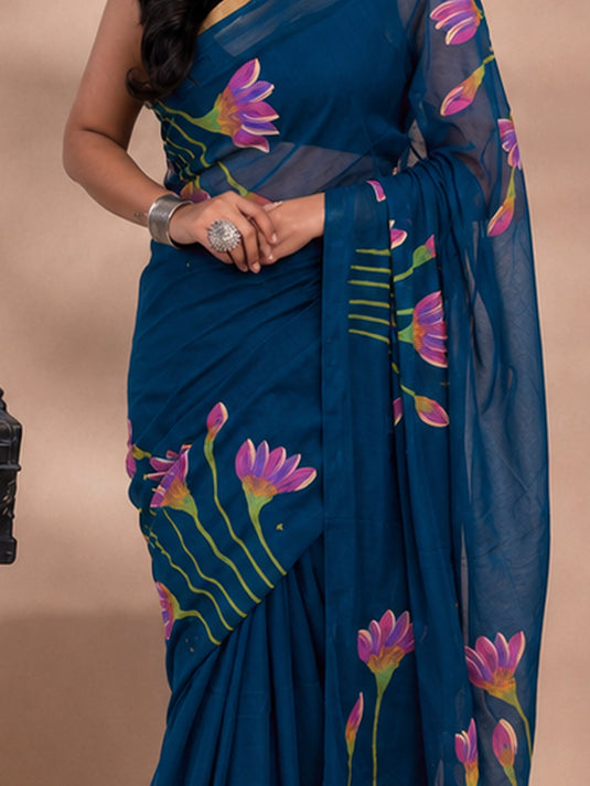 Blue Cotton Hand Painted Saree