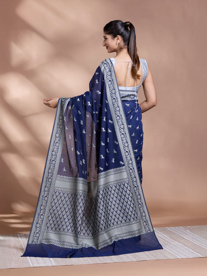 Blue Resham Weave Mulmul Cotton Saree