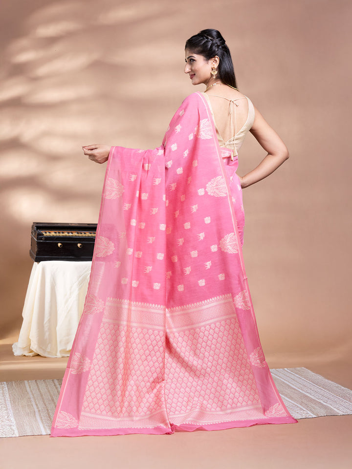 Pink Resham Weave Mulmul Cotton Saree