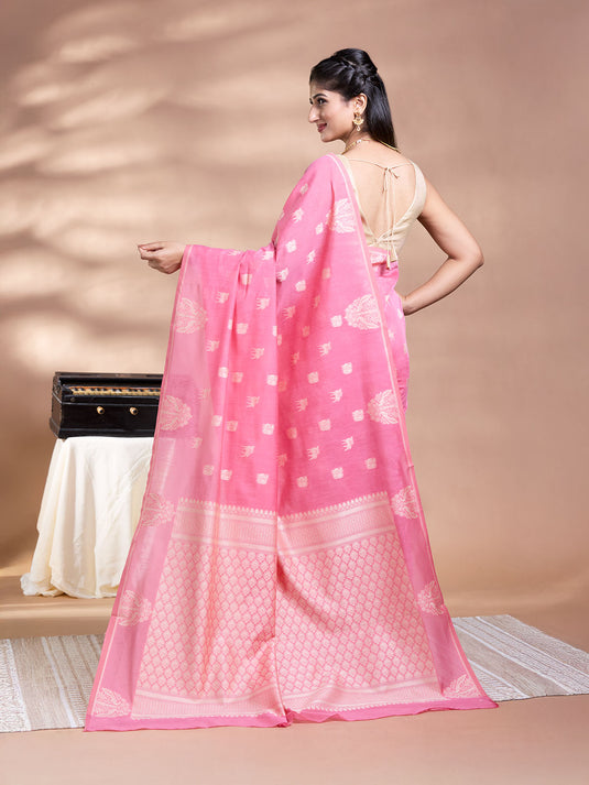 Pink Resham Weave Banarasi Cotton Saree