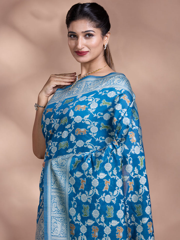 Blue Resham Weave Mulmul Cotton Saree