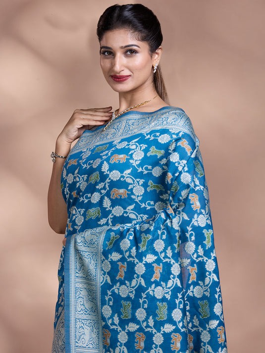 Blue Resham Weave Banarasi Cotton Saree