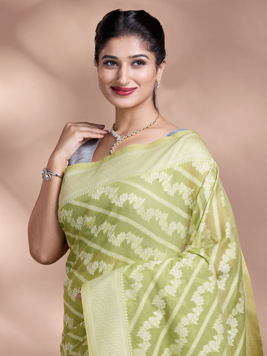 Green Resham Weave Banarasi Cotton Saree