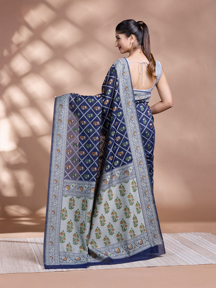 Blue Resham Weave Mulmul Cotton Saree