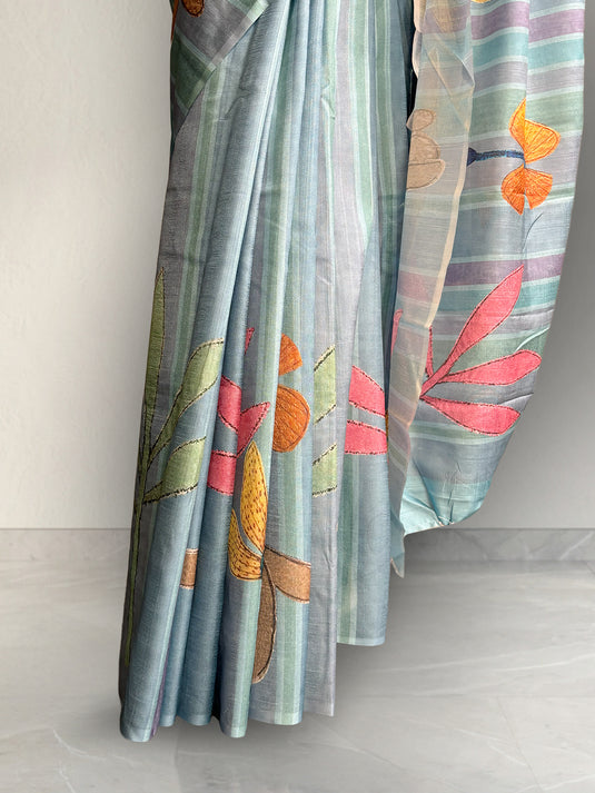 Blue Tussar Printed Saree