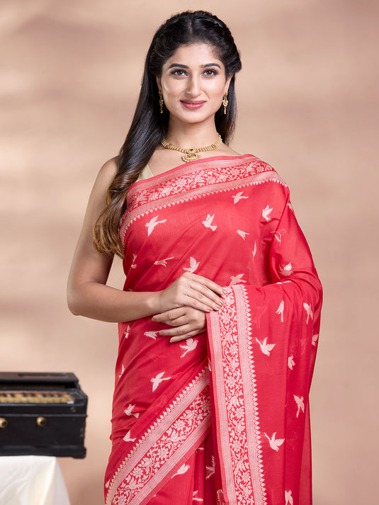 Red Resham Weave Banarasi Cotton Saree