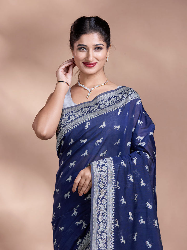 Blue Resham Weave Mulmul Cotton Saree