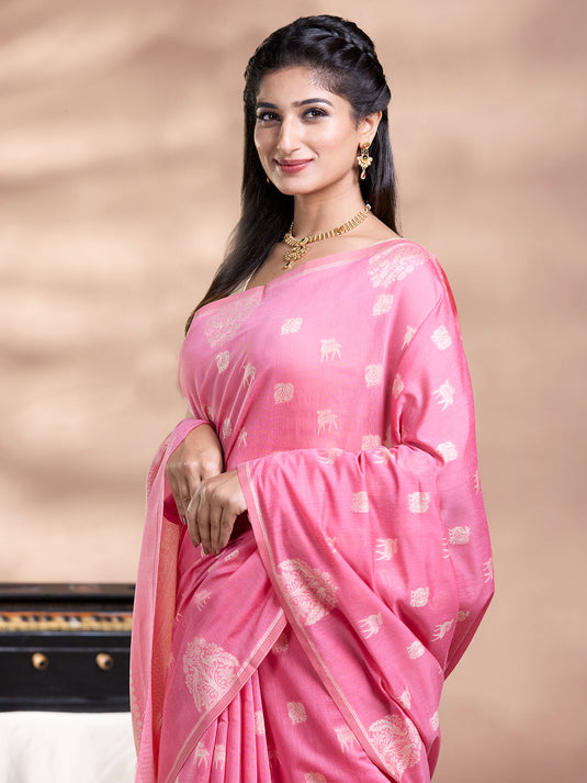 Pink Resham Weave Banarasi Cotton Saree