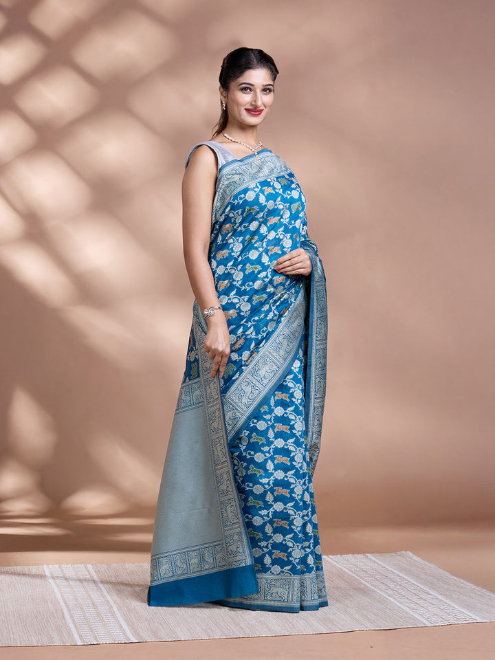 Blue Resham Weave Mulmul Cotton Saree
