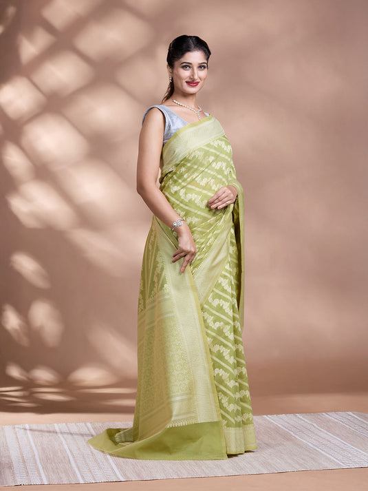 Green Resham Weave Banarasi Cotton Saree