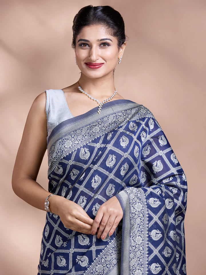 Blue Resham Weave Mulmul Cotton Saree