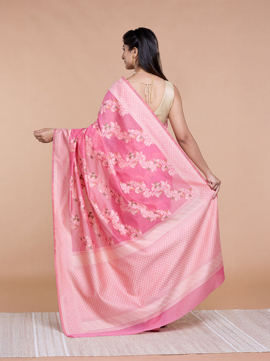 Pink Resham Weave Mulmul Cotton Saree