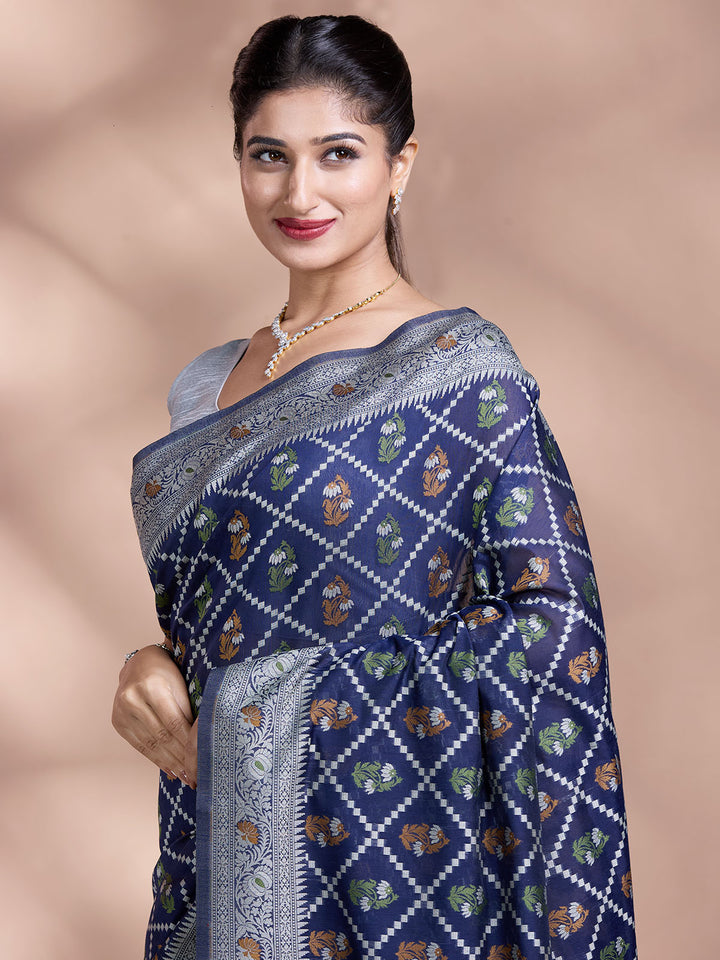 Blue Resham Weave Mulmul Cotton Saree