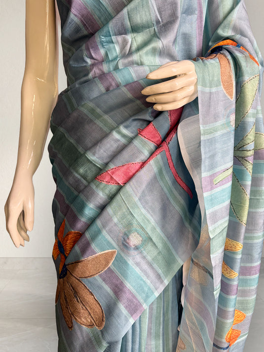 Blue Tussar Printed Saree