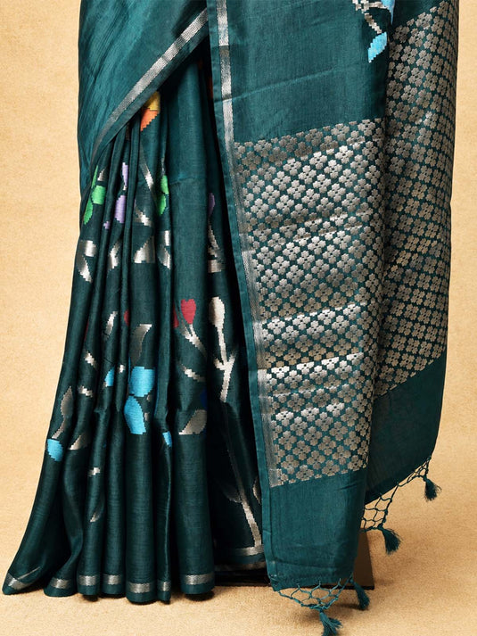 Dark Green Paper Silk Zari Woven Saree