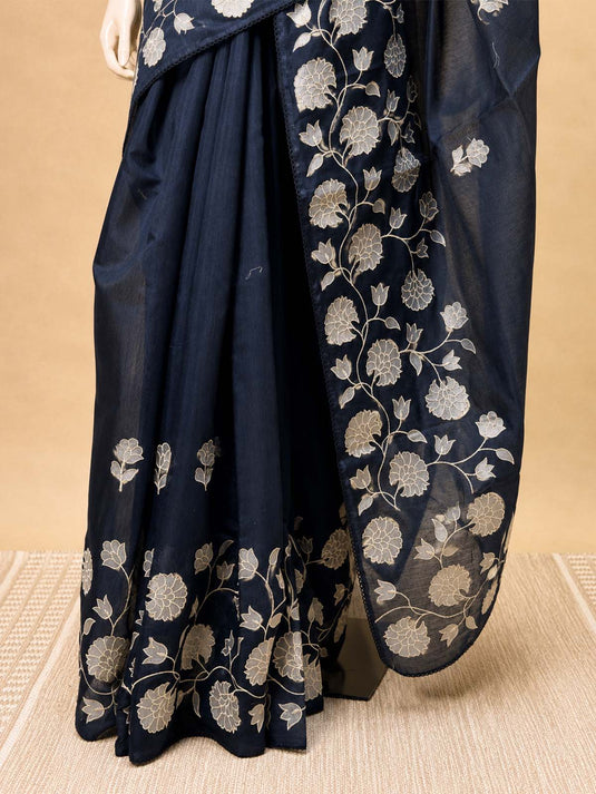 Black Chanderi Applique Work Saree