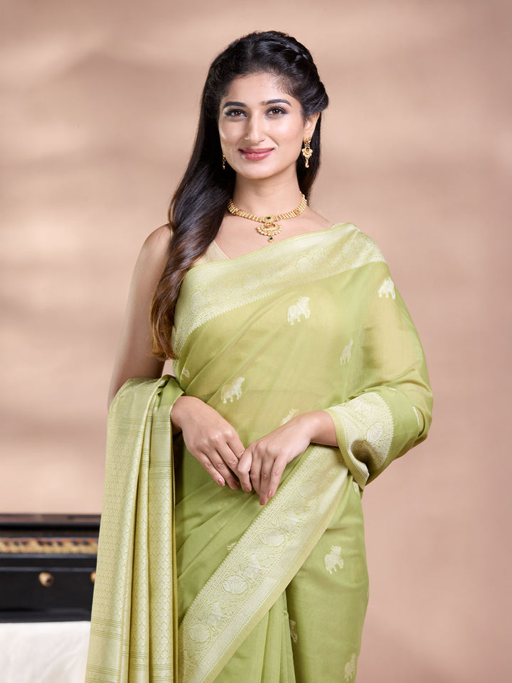 Green Resham Weave Mulmul Cotton Saree