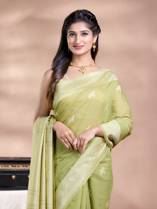 Green Resham Weave Banarasi Cotton Saree