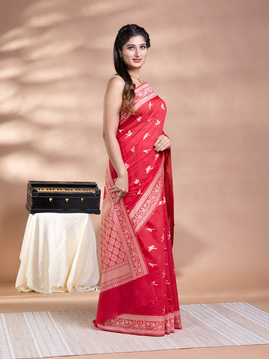Red Resham Weave Banarasi Cotton Saree