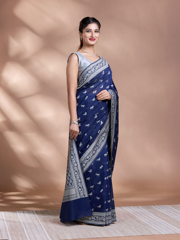 Blue Resham Weave Mulmul Cotton Saree