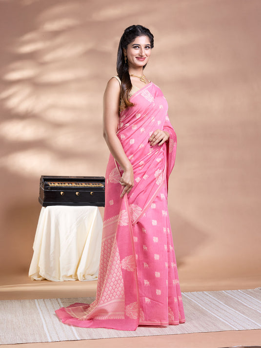 Pink Resham Weave Banarasi Cotton Saree