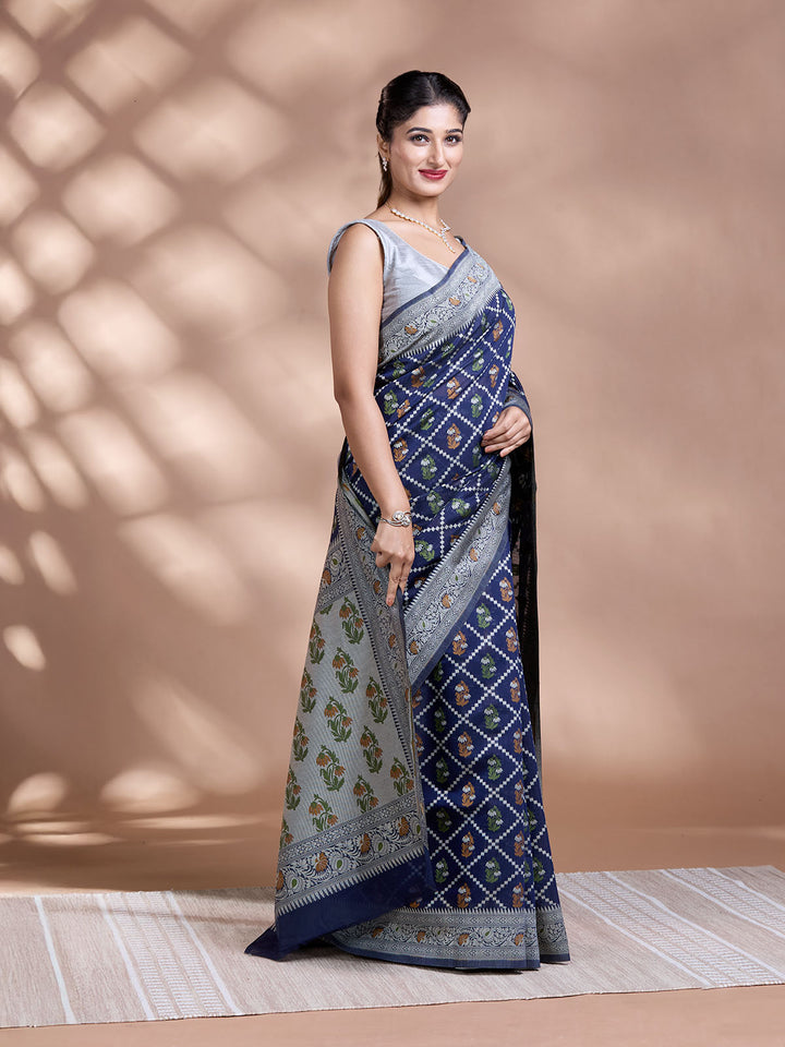 Blue Resham Weave Mulmul Cotton Saree