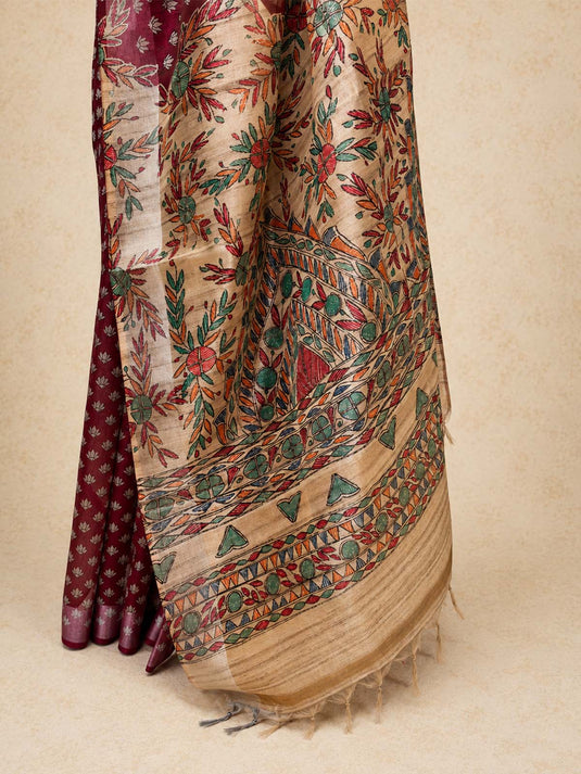 Red Tussar Printed Saree