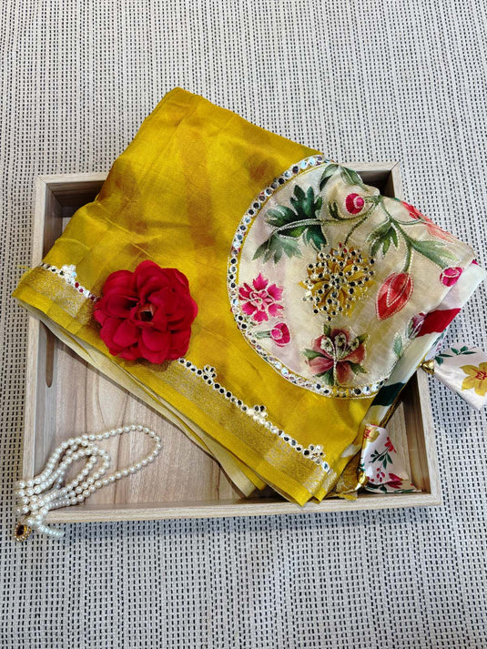 Yellow Dola Silk Patchwork Saree