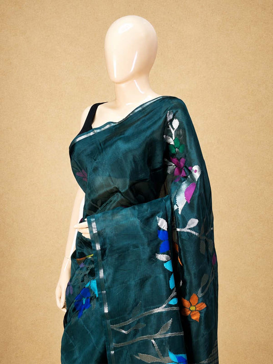 Dark Green Paper Silk Zari Woven Saree