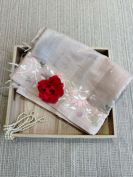 Beige Linen Tissue Thread Work Saree