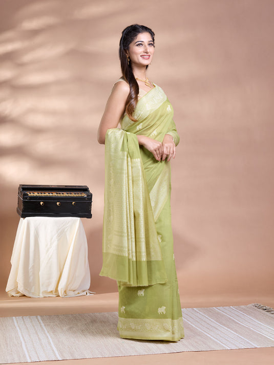 Green Resham Weave Banarasi Cotton Saree