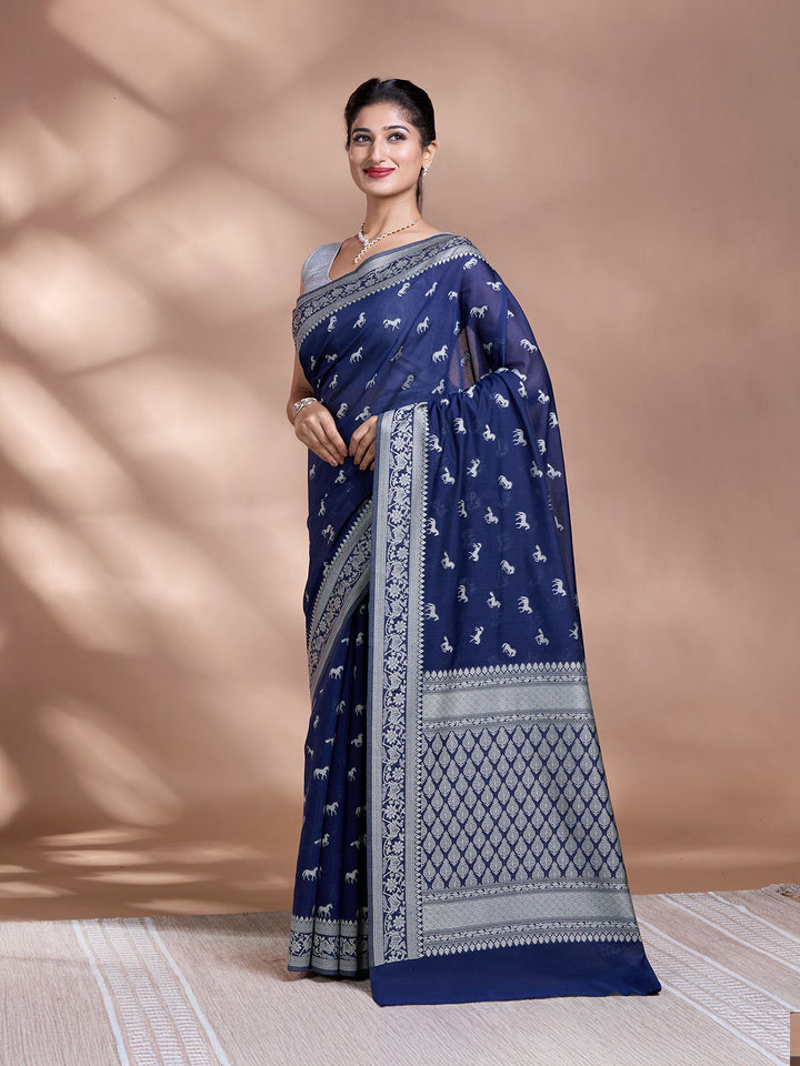 Blue Resham Weave Mulmul Cotton Saree