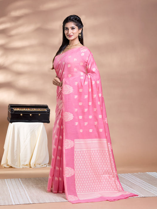 Pink Resham Weave Banarasi Cotton Saree