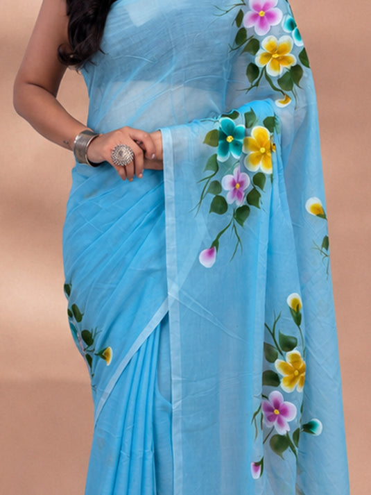 Blue Cotton Hand Painted Saree