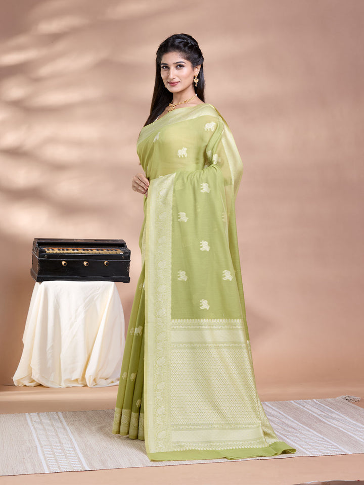 Green Resham Weave Mulmul Cotton Saree
