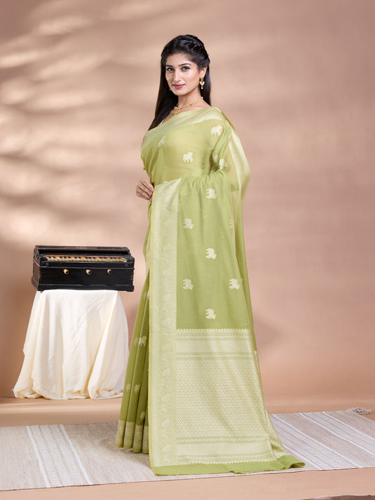 Green Resham Weave Banarasi Cotton Saree