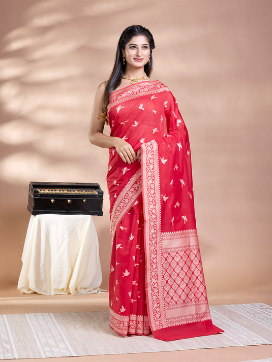 Red Resham Weave Banarasi Cotton Saree