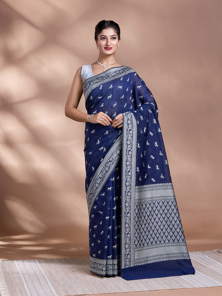Blue Resham Weave Mulmul Cotton Saree