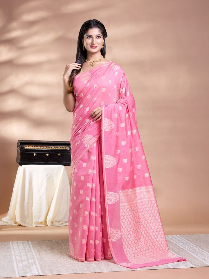 Pink Resham Weave Mulmul Cotton Saree