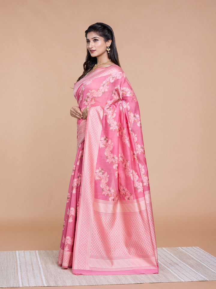 Pink Resham Weave Mulmul Cotton Saree