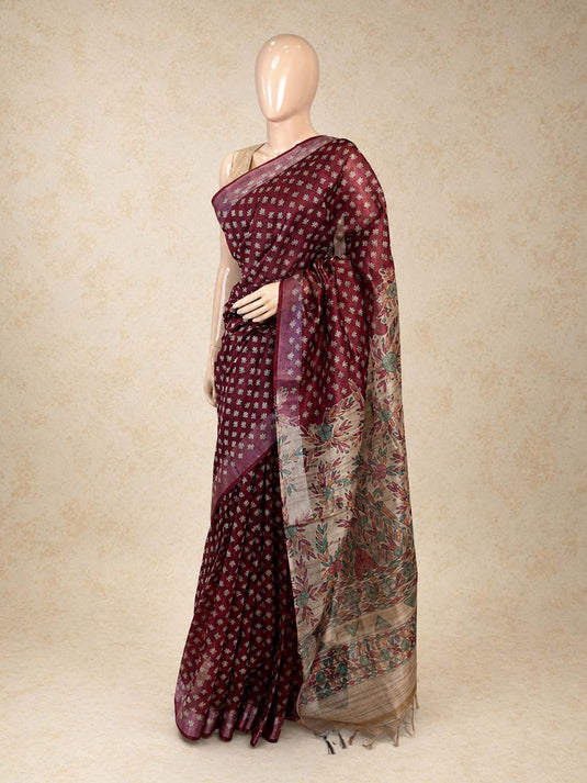 Red Tussar Printed Saree