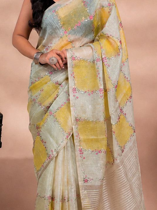 Yellow Linen Tissue Embroidered saree