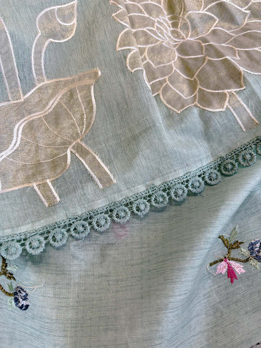 Blue Chanderi Applique Saree