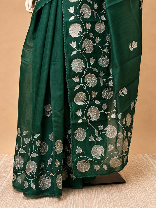 Green Chanderi Applique Work Saree