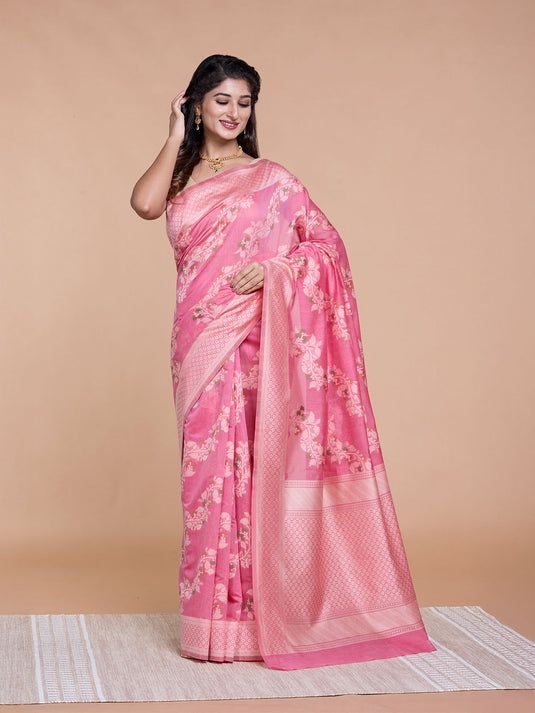Pink Resham Weave Mulmul Cotton Saree