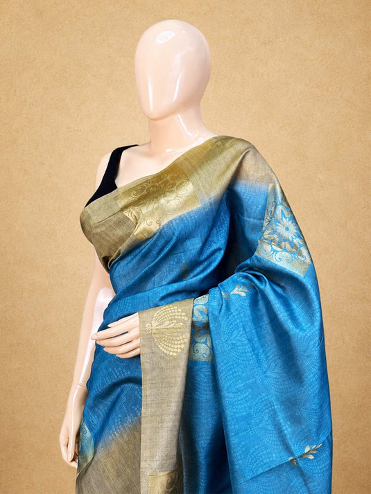 Blue tussar Silk Zari Woven Saree