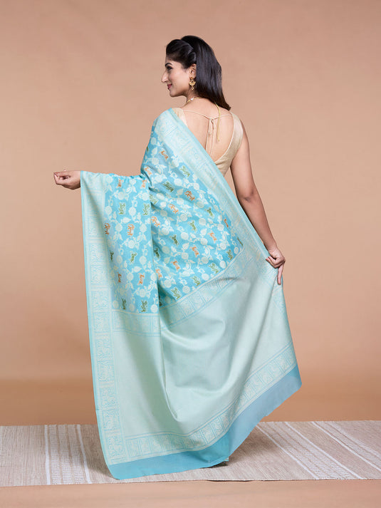 Firozi Resham Weave Banarasi Cotton Saree