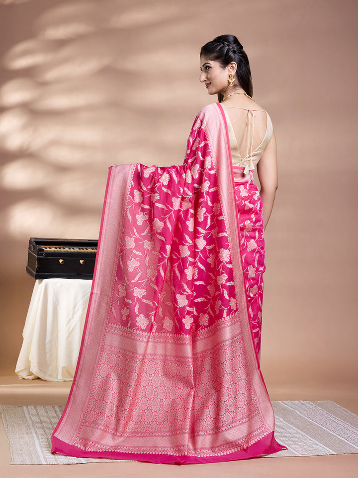 Rani Pink Resham Weave Mulmul Cotton Saree
