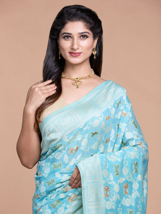 Firozi Resham Weave Banarasi Cotton Saree